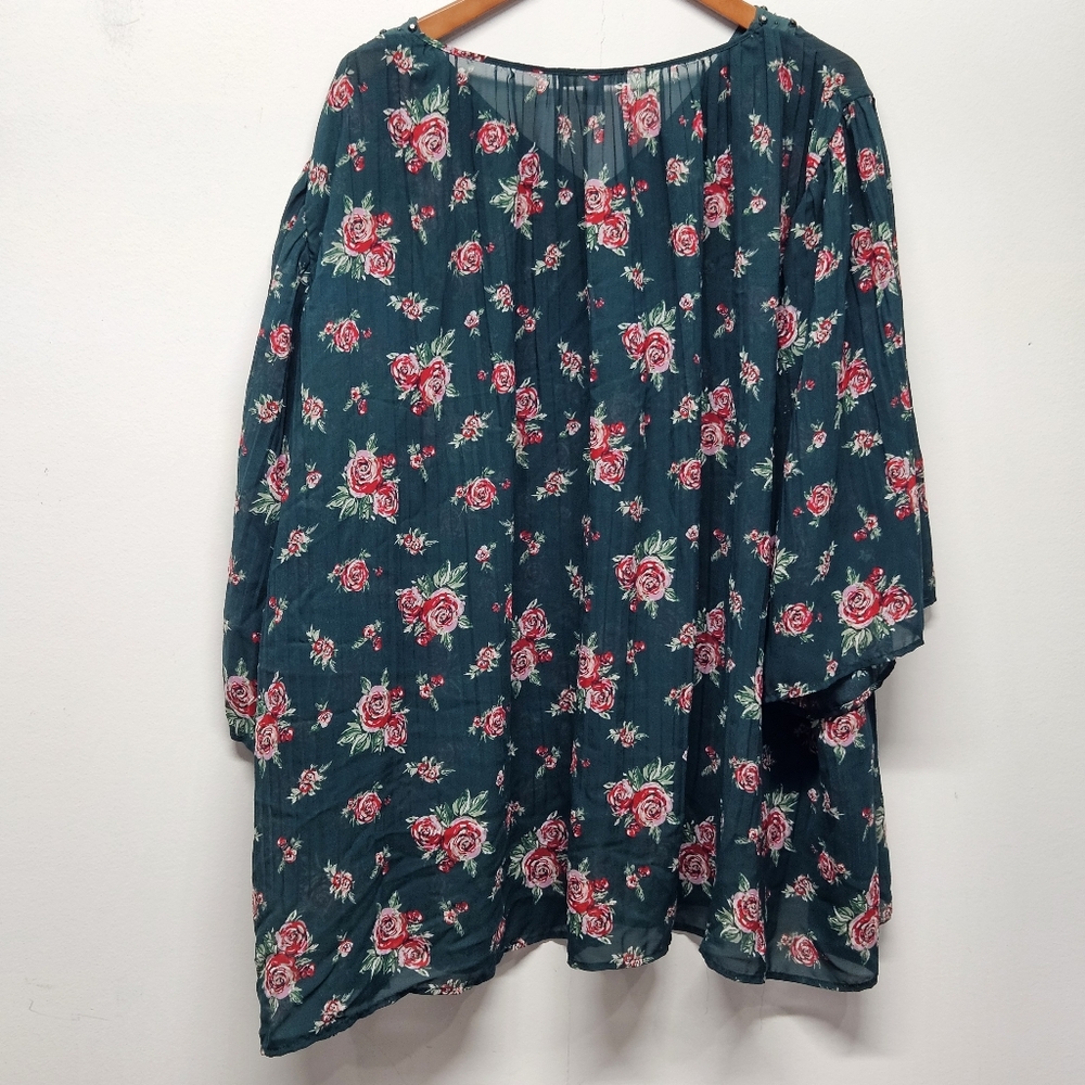 Woman Within Plus 2X Embellished Pleated Blouse Green Floral Flare Sleeve Boho